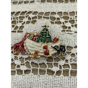 Christmas Brooch Santa On Ark Marked SFJ Sparkly